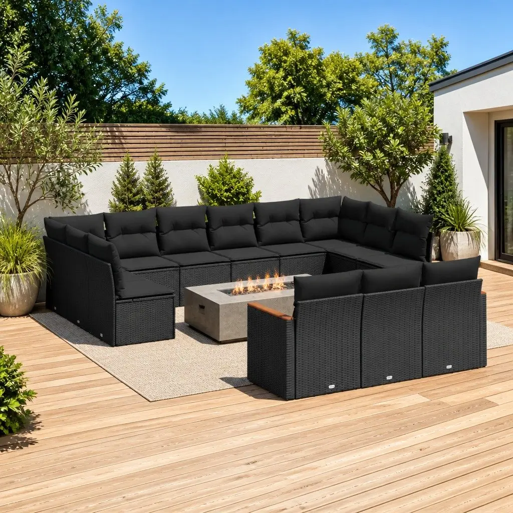 Outdoor Garden Sofa Set 13 Piece Black Poly Rattan Patio Furniture with Cushions