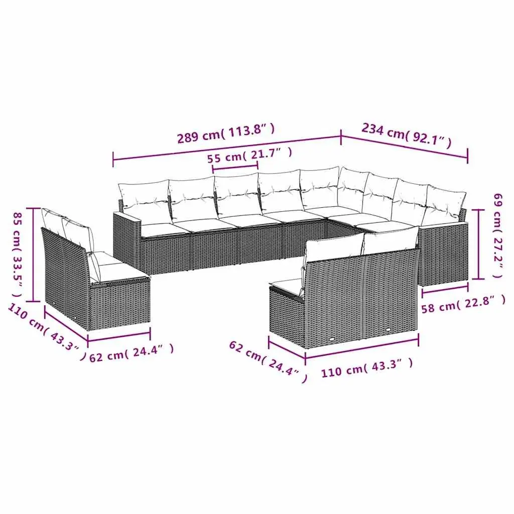 Garden Sofa Set 12 Piece Outdoor Furniture Patio Sectional Black Modular