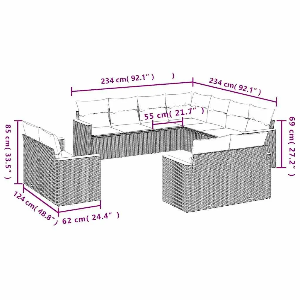 Garden Sofa Set 11 Piece Outdoor Furniture Patio Black Poly Rattan Modular