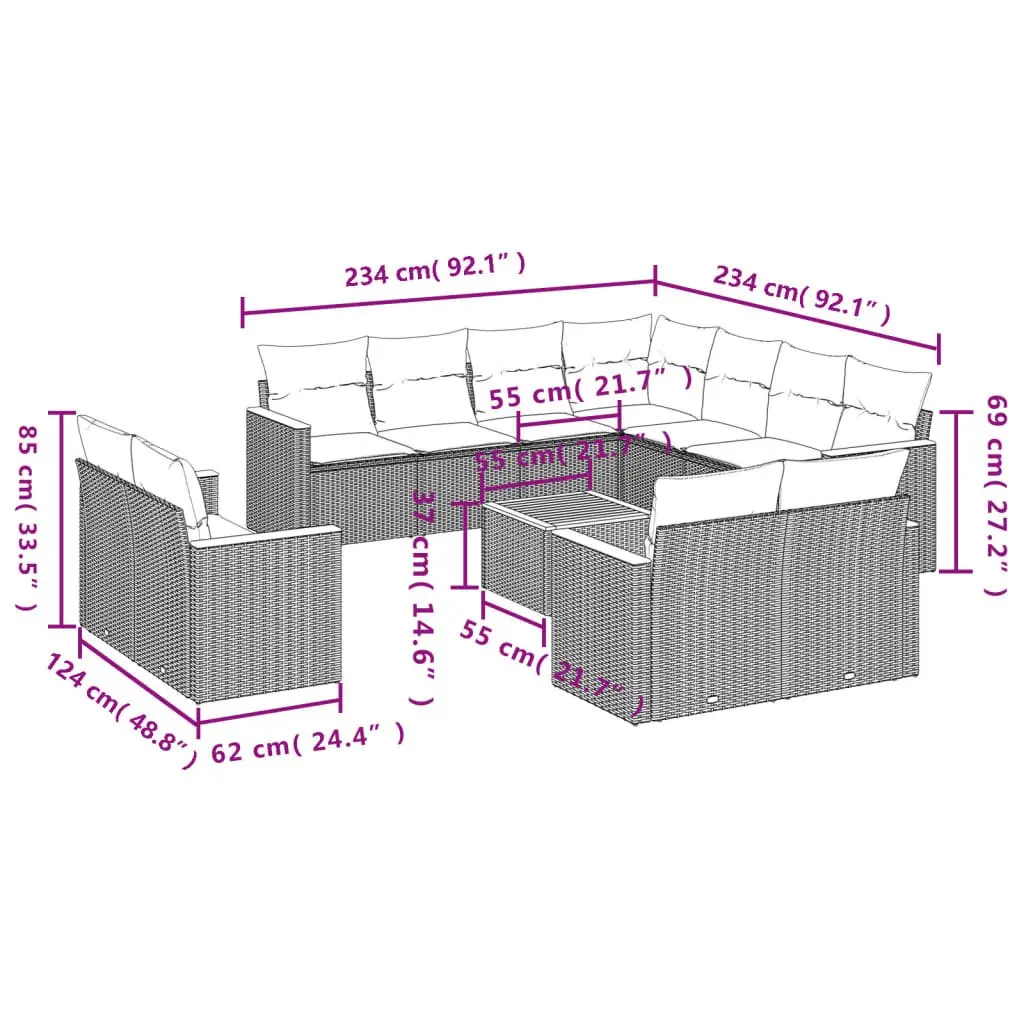 Outdoor Furniture Modular Garden Sofa Set 12 Piece Grey PE Rattan