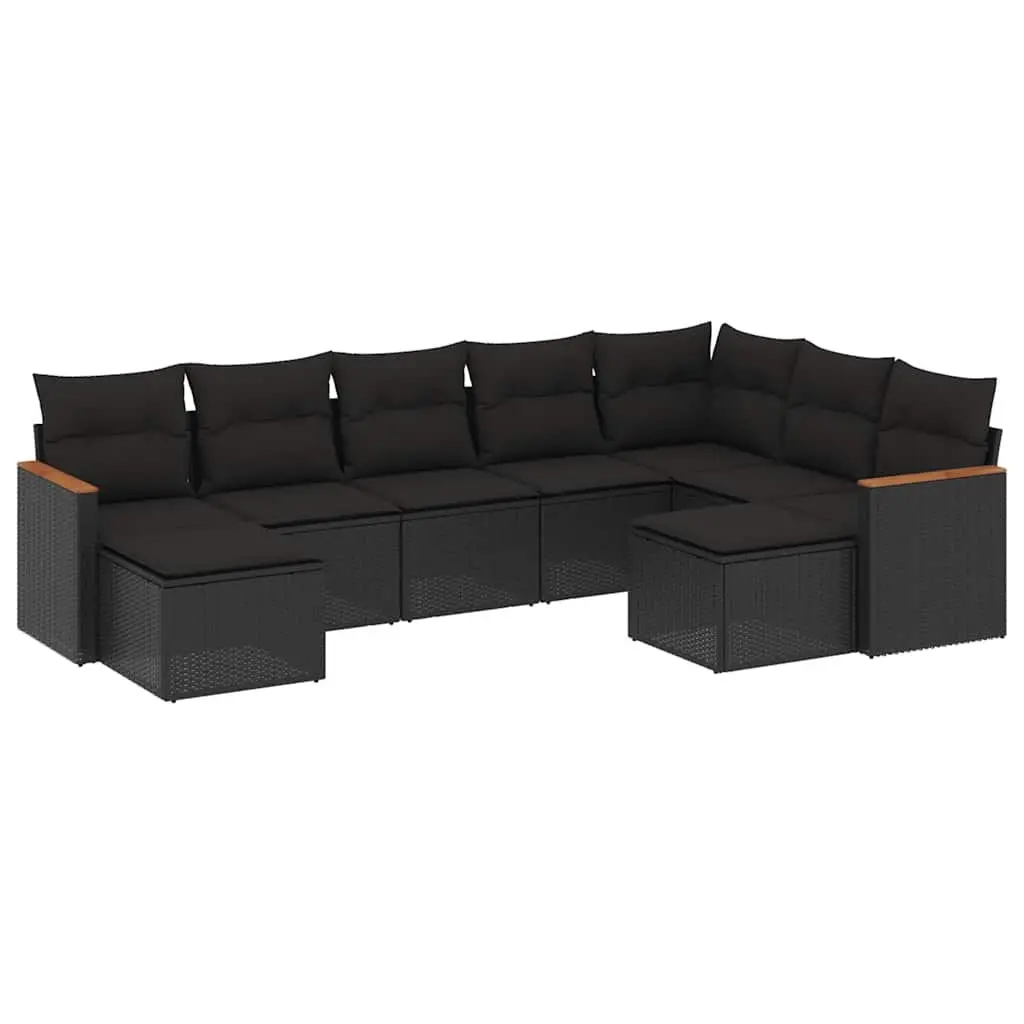 Outdoor Garden Sofa Set 9 Piece with Cushions Black Poly Rattan Patio Furniture