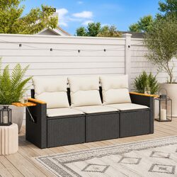 Garden Sofa Set 3 Piece Outdoor Furniture Black Poly Rattan with Cushions Patio