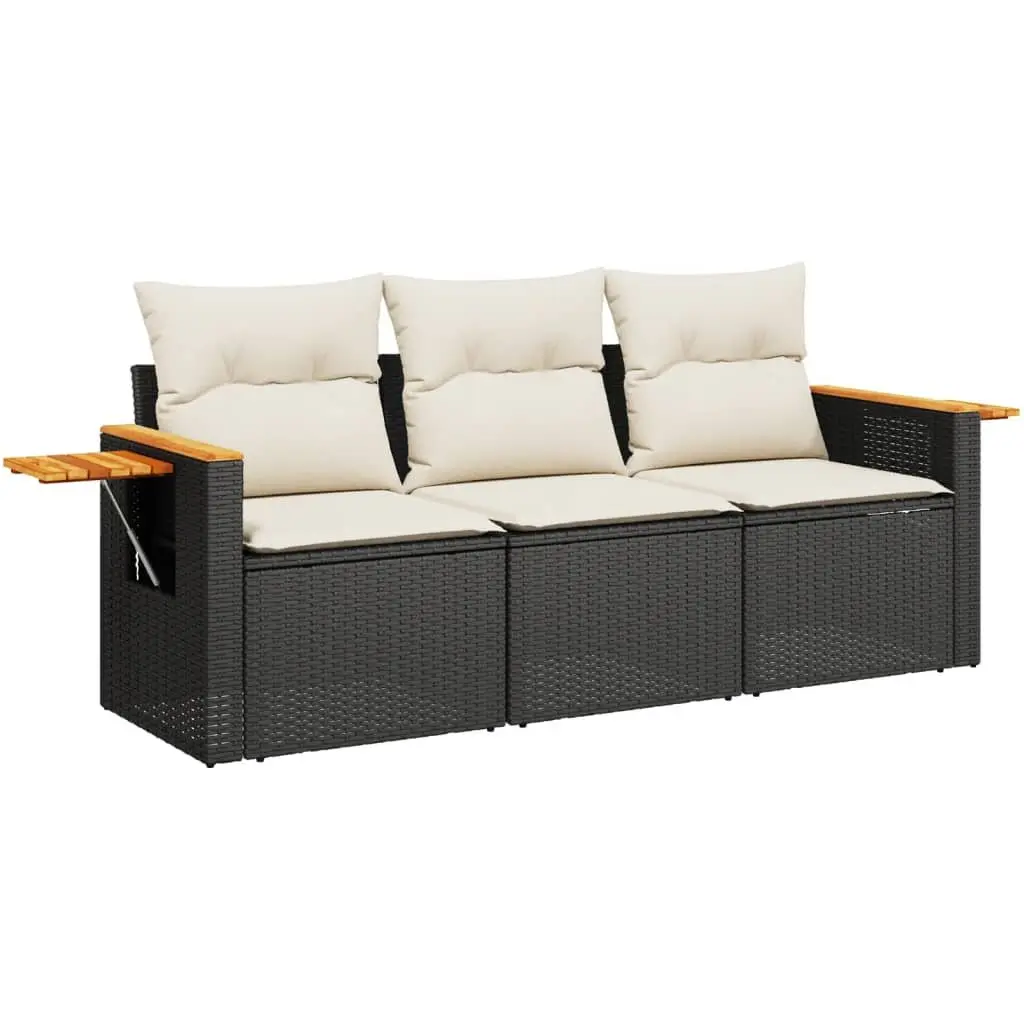 Garden Sofa Set Black Poly Rattan 3 Piece Outdoor Furniture with Cushions