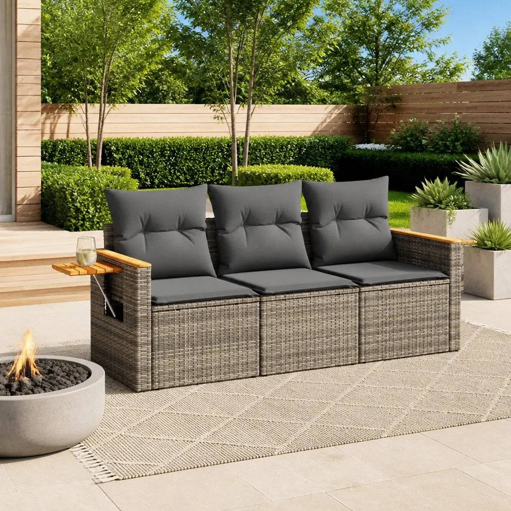 3 Piece Garden Sofa Set Grey Poly Rattan Outdoor Furniture with Cushions Side
