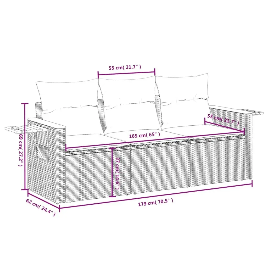 3 Piece Garden Sofa Set Grey Poly Rattan Outdoor Furniture with Cushions Side