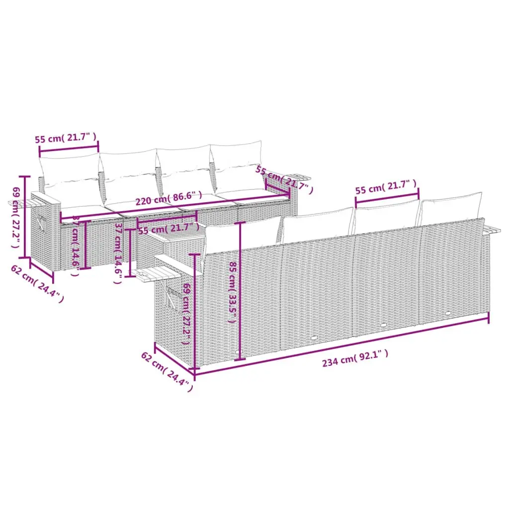 Garden Sofa Set 9 Piece Outdoor Furniture with Cushions Grey Poly Rattan Patio