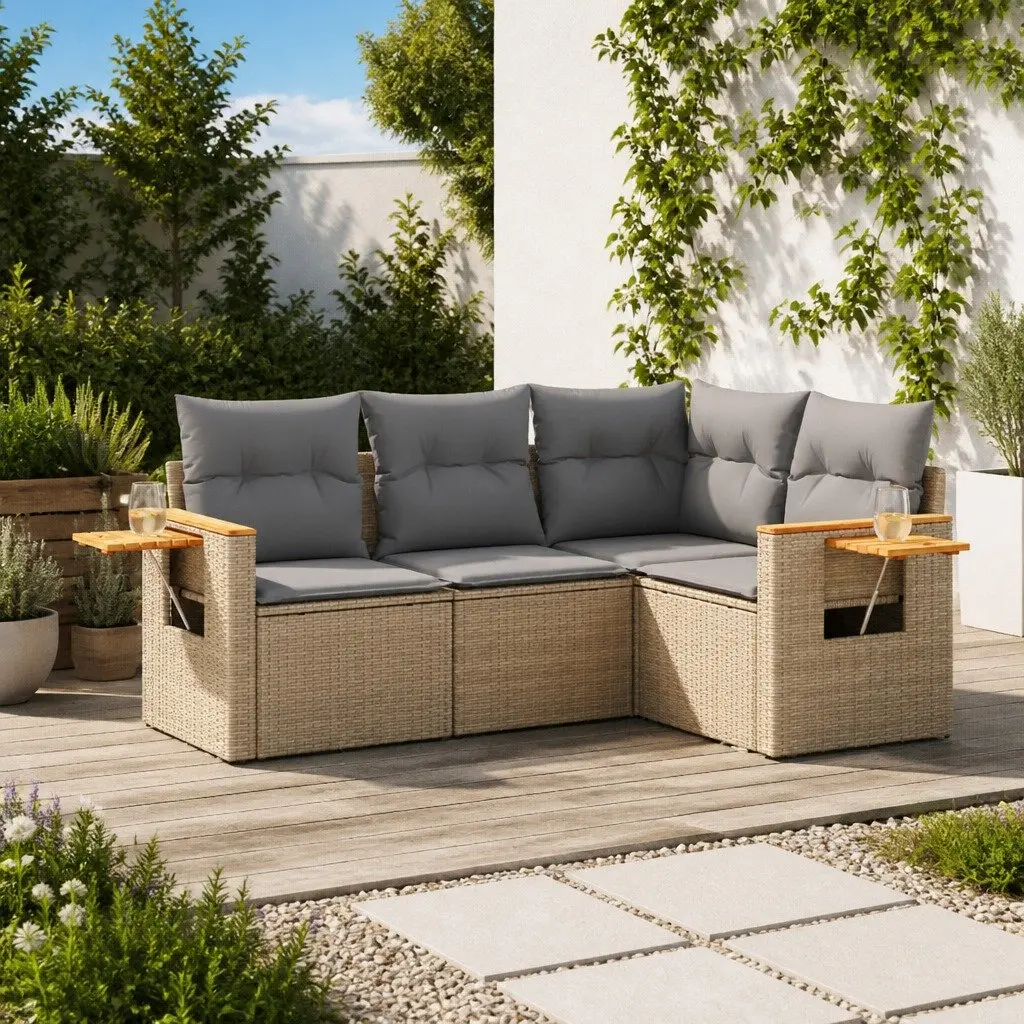 Garden Sofa Set Modular 4 Piece Outdoor Furniture Beige Poly Rattan with Cushions