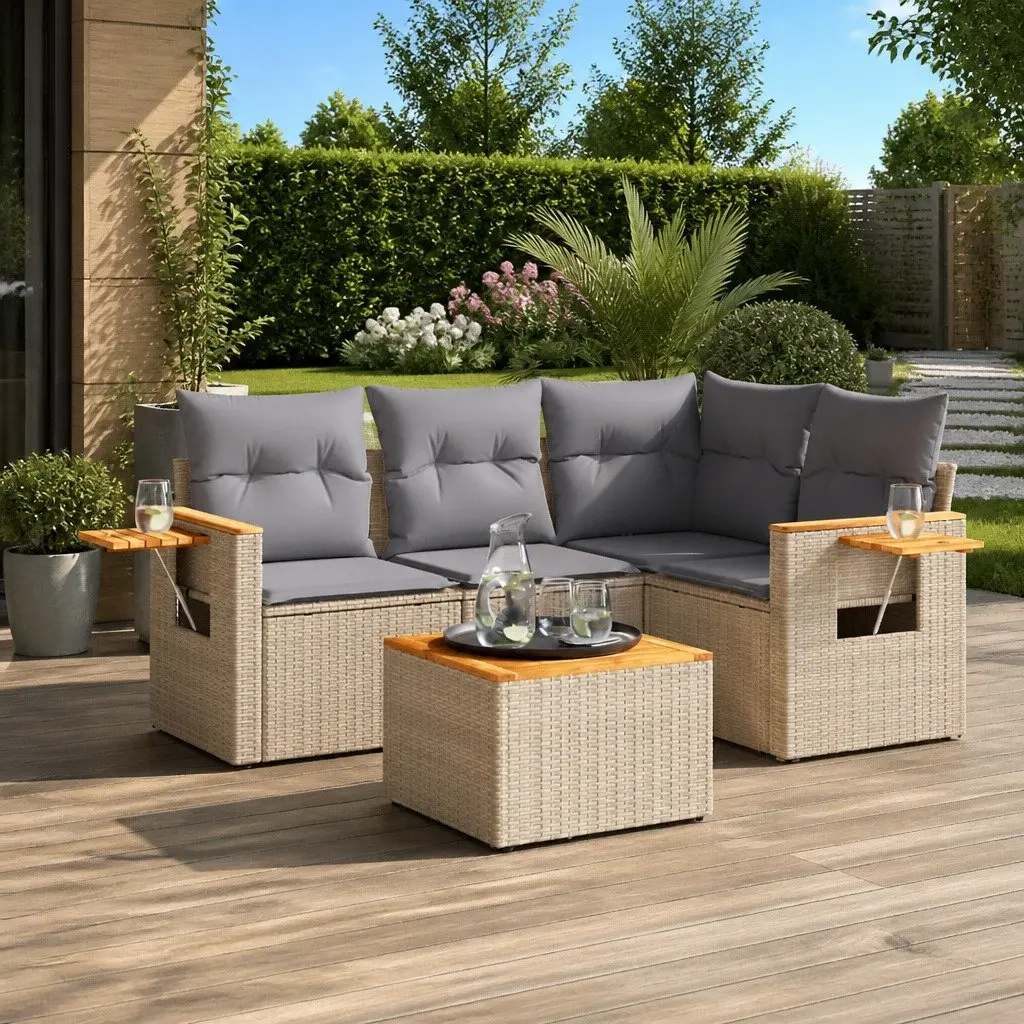 Garden Sofa Set 5 Piece Outdoor Furniture Beige Poly Rattan Patio Conversation