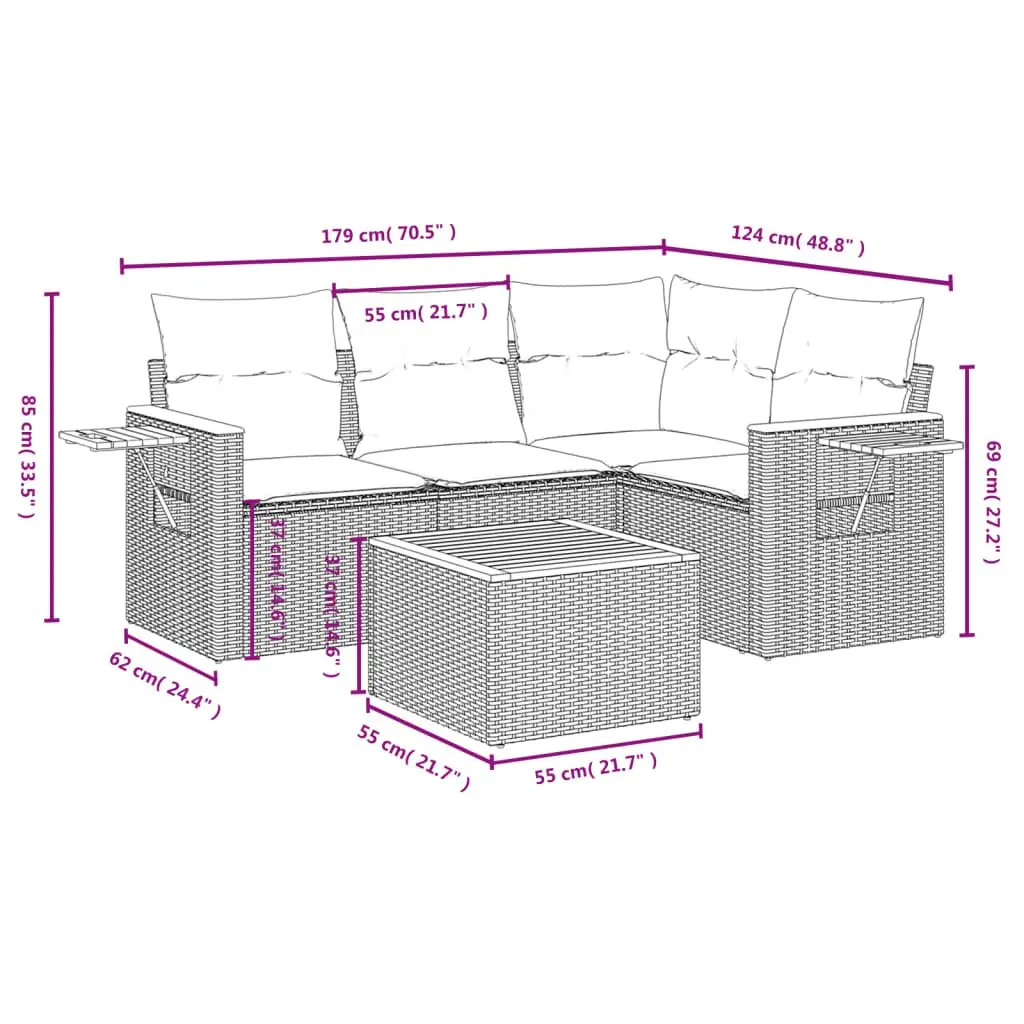 Garden Sofa Set 5 Piece Outdoor Furniture Grey Poly Rattan with Cushions Table
