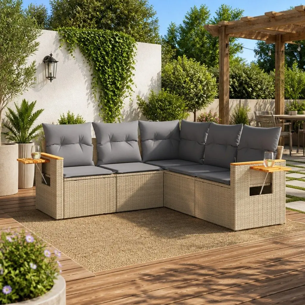 5 Piece Modular Garden Sofa Set Beige Poly Rattan Outdoor Furniture with Cushions