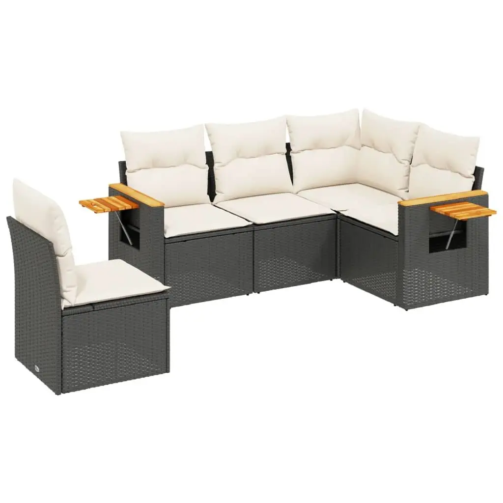 Outdoor Garden Sofa Set 5 Piece Black Poly Rattan Patio Furniture with Cushions