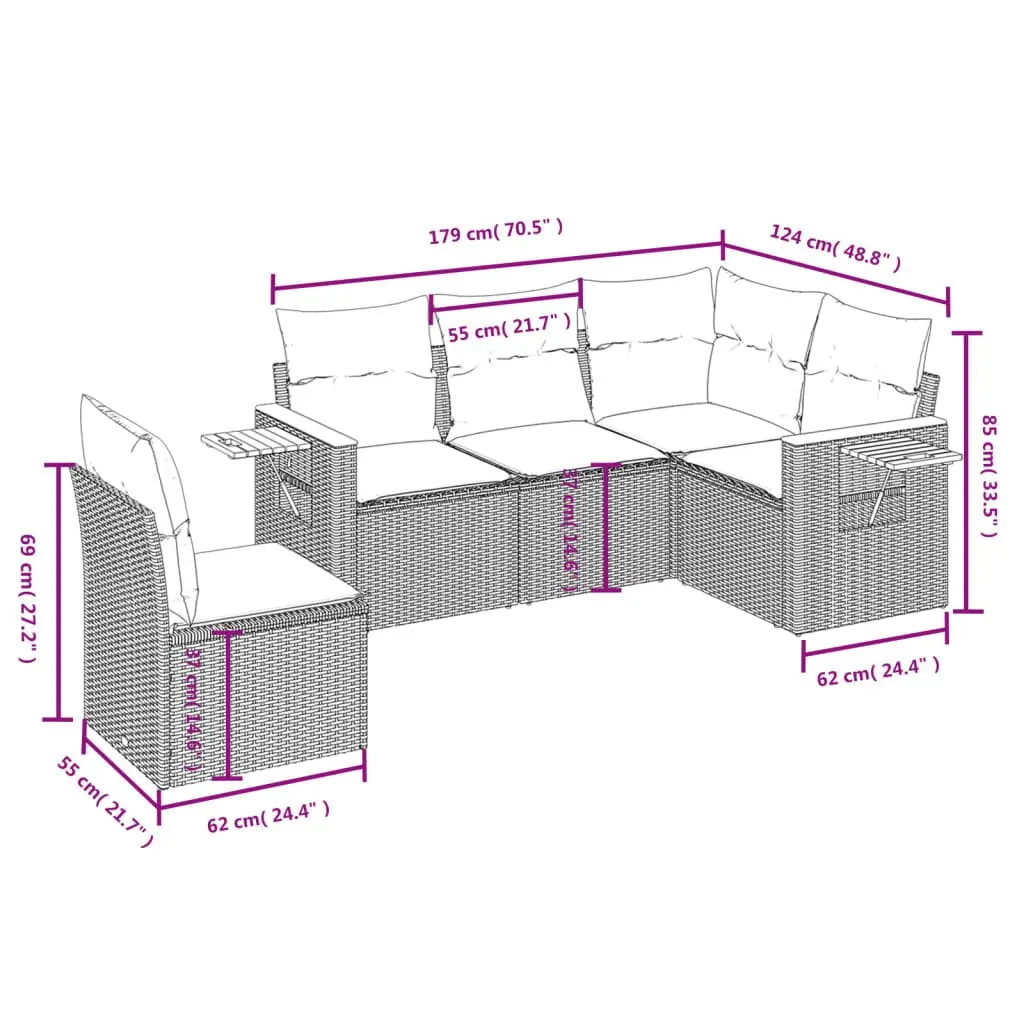 Outdoor Garden Sofa Set 5 Piece Black Poly Rattan Patio Furniture with Cushions