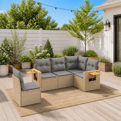 Garden Sofa Set 5 Piece Outdoor Furniture Beige Poly Rattan Patio Seating with