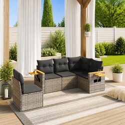 5 Piece Garden Sofa Set Outdoor Furniture Grey Poly Rattan with Cushions Patio