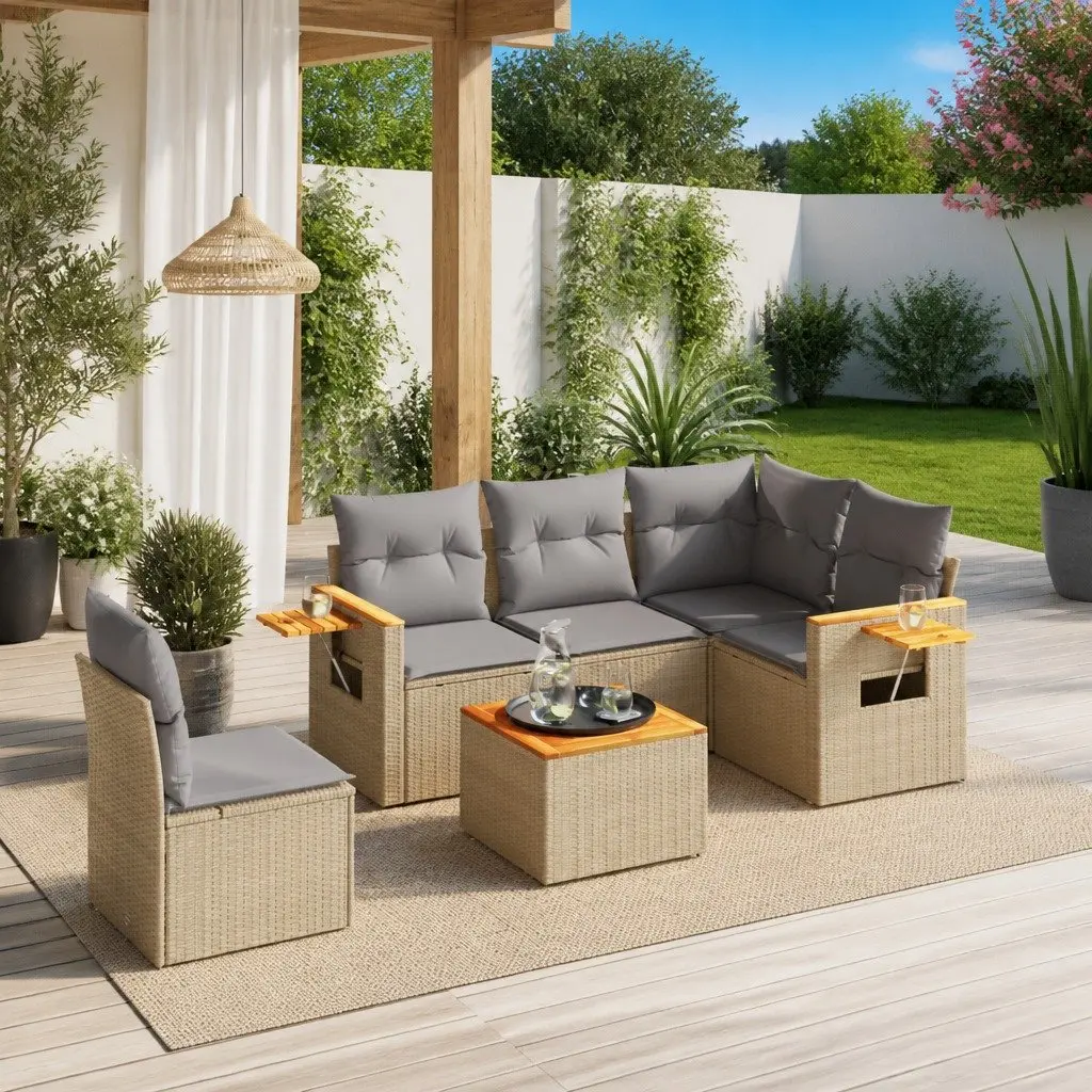Outdoor Garden Sofa Set 6 Piece Beige Poly Rattan Patio Furniture with Cushions