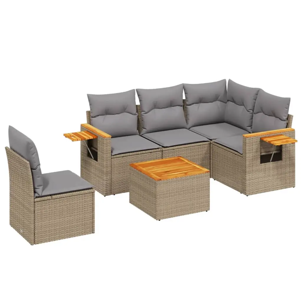 Outdoor Garden Sofa Set 6 Piece Beige Poly Rattan Patio Furniture with Cushions