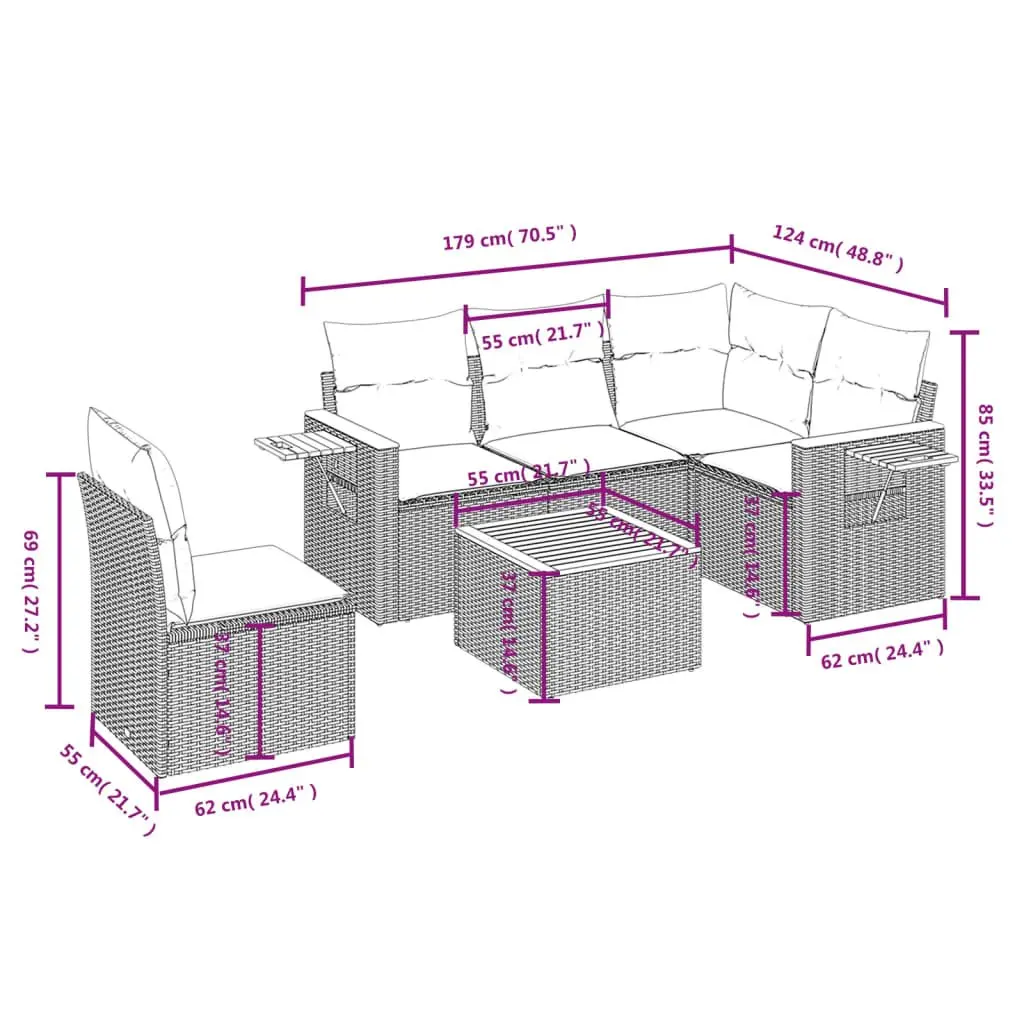 Outdoor Garden Sofa Set 6 Piece Beige Poly Rattan Patio Furniture with Cushions
