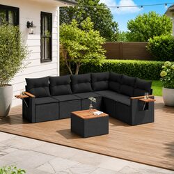 7 Piece Garden Sofa Set Outdoor Patio Furniture with Cushions Black Rattan