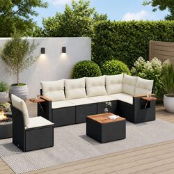 7 Piece Garden Sofa Set Outdoor Patio Furniture with Cushions Black Poly Rattan
