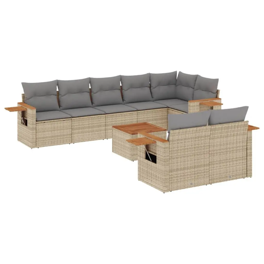 9 Piece Outdoor Garden Sofa Set with Cushions Beige Poly Rattan Patio Furniture