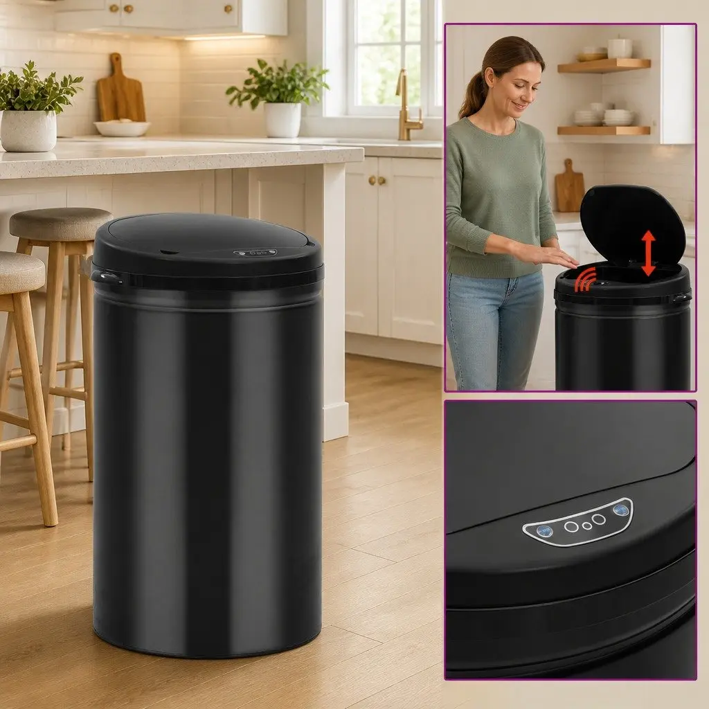 Automatic Sensor Dustbin 30L Waste Bin Black Carbon Steel Touch Free Trash Can
