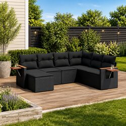 7 Piece Outdoor Garden Sofa Set Black Poly Rattan Modular Patio Furniture with