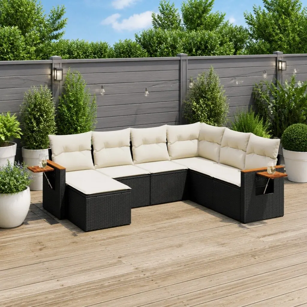 7 Piece Modular Garden Sofa Set with Cushions Black Outdoor Patio Furniture