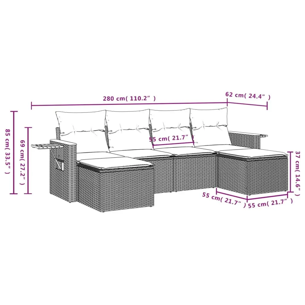 Modular Outdoor Garden Sofa Set Black PE Rattan 6 Piece with Foldable Side Table