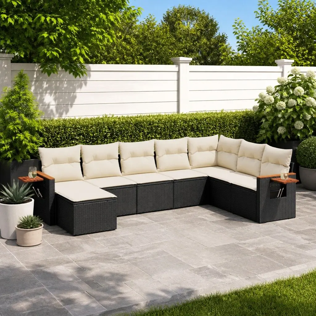 8 Piece Outdoor Garden Sofa Set with Cushions Black Poly Rattan Patio Furniture