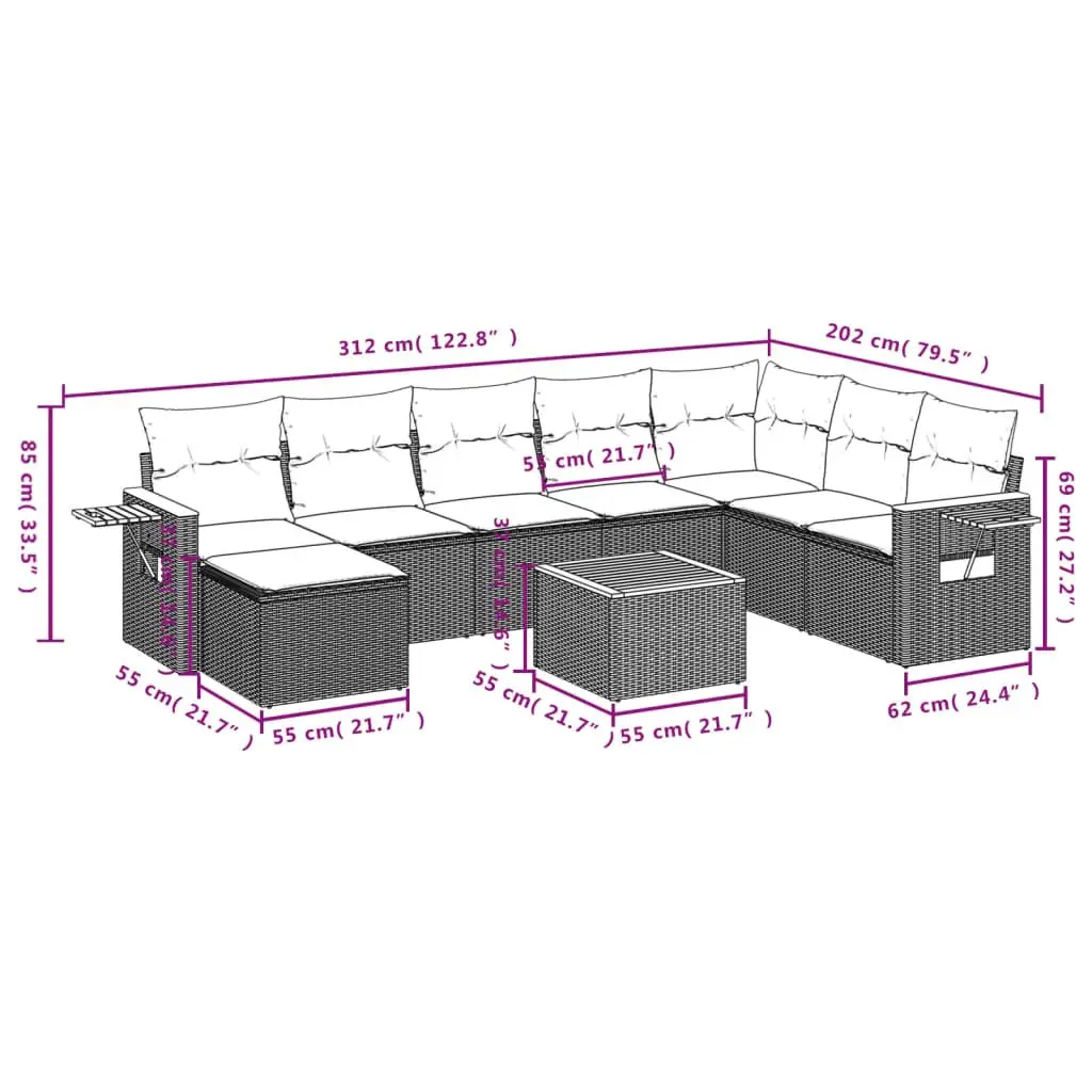 Garden Sofa Set 9 Piece Outdoor Furniture Grey Poly Rattan Patio Seating with