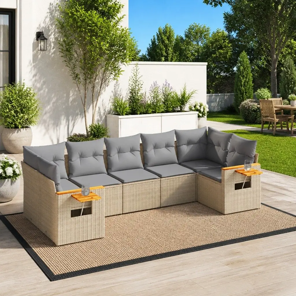 Outdoor Garden Sofa Set 7 Piece Beige Poly Rattan Furniture Patio Cushions