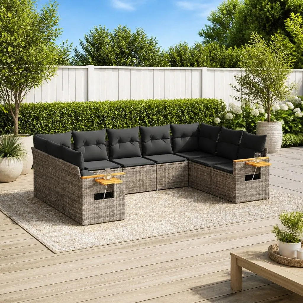 Modular 9 Piece Grey Outdoor Sofa Set Poly Rattan Patio Furniture with Removable Cushions and Foldable Side Table