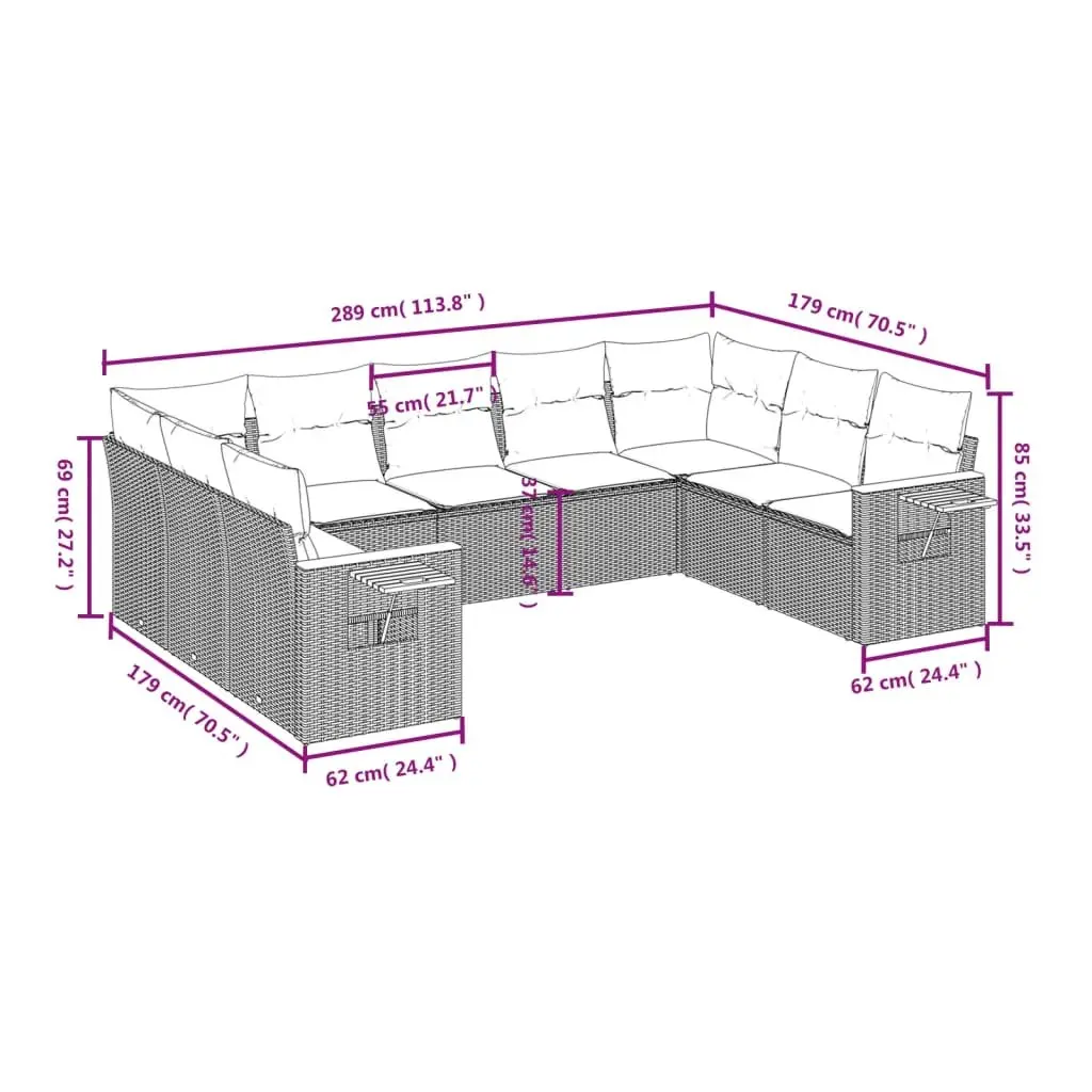 Modular 9 Piece Grey Outdoor Sofa Set Poly Rattan Patio Furniture with Removable Cushions and Foldable Side Table