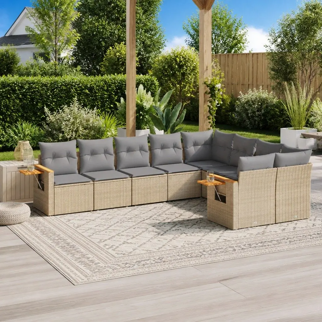 9 Piece Outdoor Garden Sofa Set Modular Beige Poly Rattan Patio Furniture with Cushions