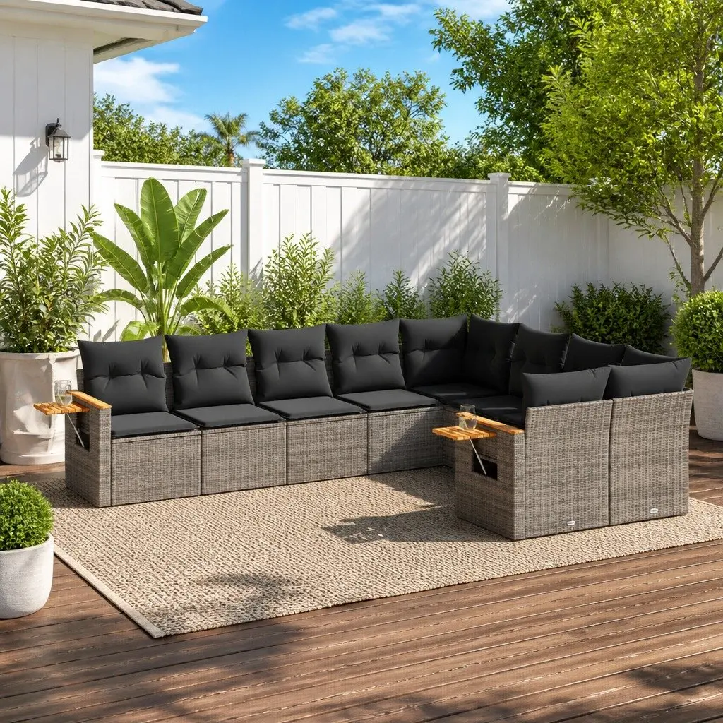 9 Piece Modular Outdoor Furniture Set Grey PE Rattan Garden Sofa with Removable Cushion Covers