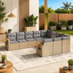 10 Piece Garden Sofa Set Outdoor Patio Furniture with Cushions Beige Poly