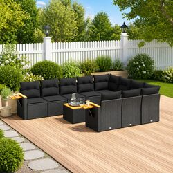 Garden Sofa Set 11 Piece Outdoor Furniture Patio Black Poly Rattan with Cushions