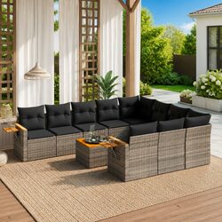 11 Piece Outdoor Garden Sofa Set Grey Poly Rattan Patio Furniture with Cushions