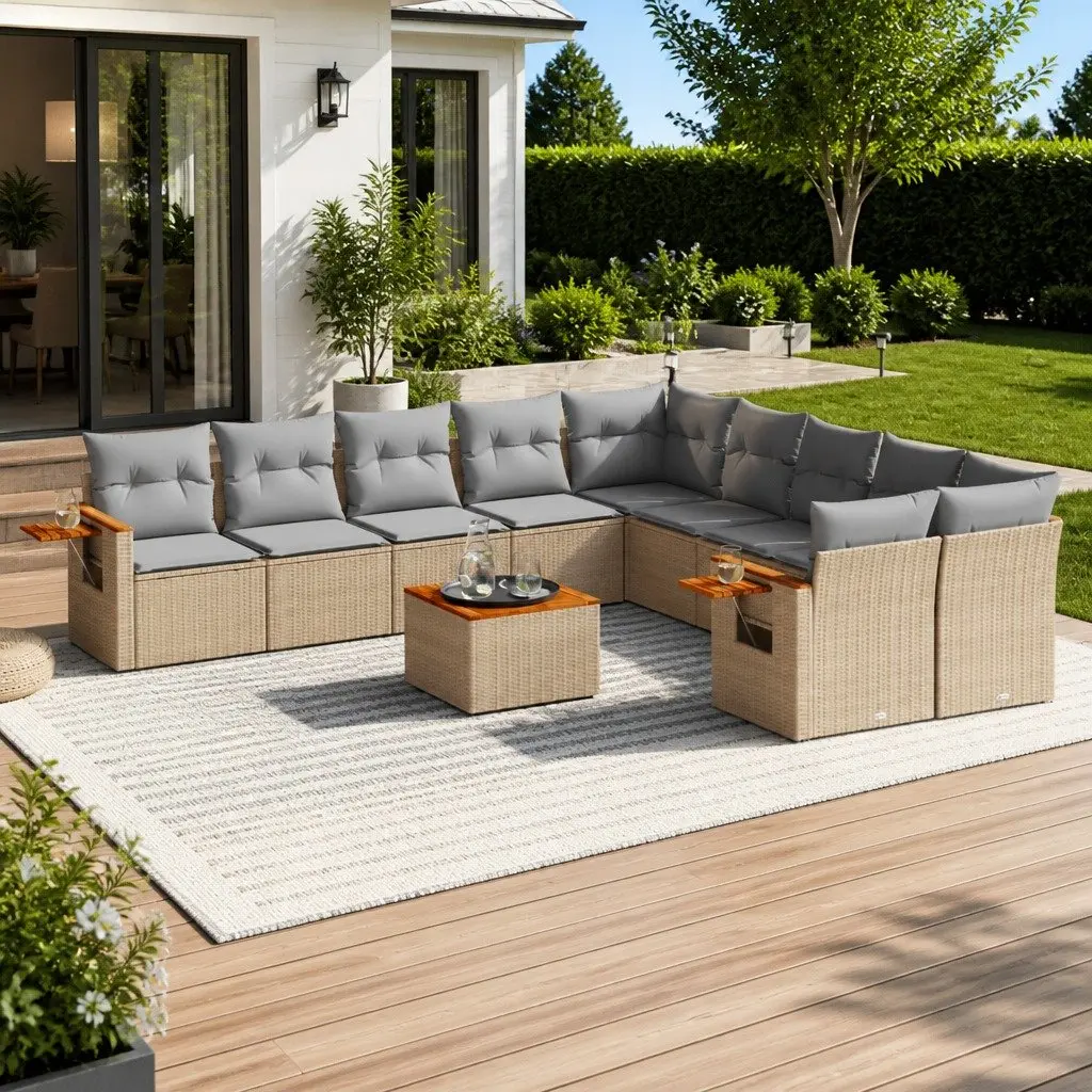 Outdoor Furniture Modular Sofa Set 11 Piece Beige Poly Rattan Patio Garden