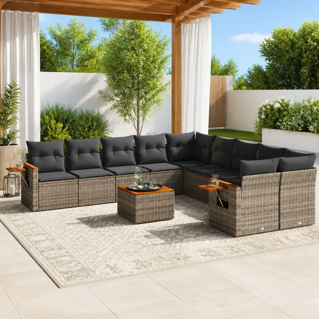 11 Piece Modular Outdoor Sofa Set Grey Poly Rattan Cushions with Foldable Table