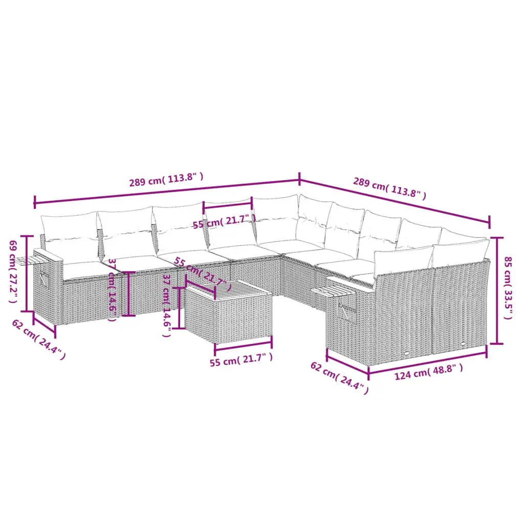 11 Piece Modular Outdoor Sofa Set Grey Poly Rattan Cushions with Foldable Table