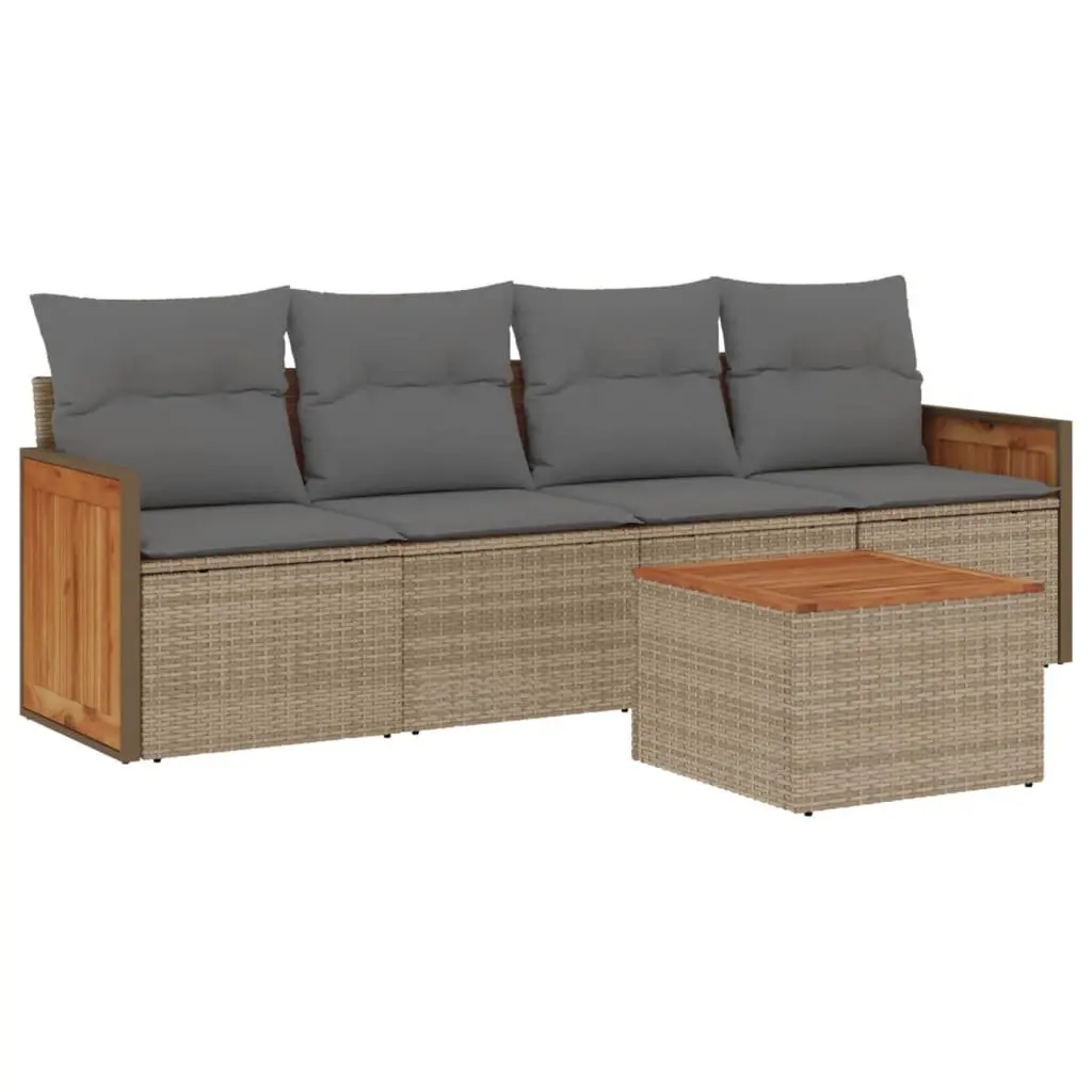 5 Piece Garden Sofa Set Outdoor Furniture Patio Beige Cushions Poly Rattan