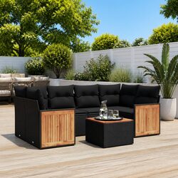 7 Piece Outdoor Garden Sofa Set with Cushions Black Poly Rattan Modular Patio