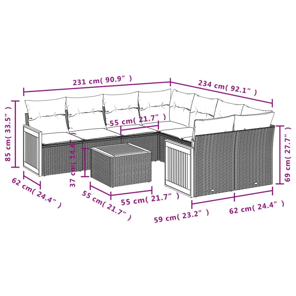 Garden Sofa Set 9 Piece Outdoor Furniture Patio Lounge with Cushions Grey