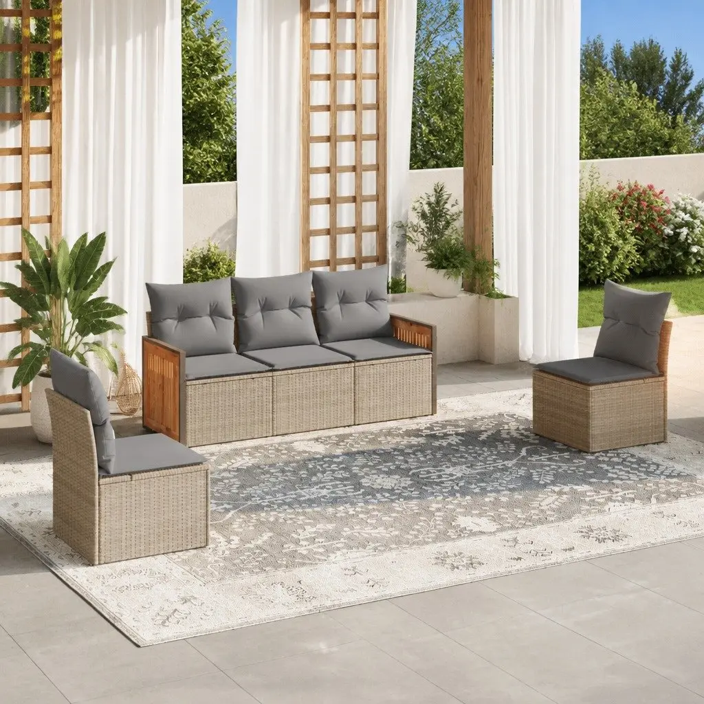 Garden Sofa Set 5 Piece Outdoor Furniture Lounge with Cushions Beige Rattan
