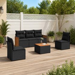 Outdoor Garden Sofa Set 6 Piece Black Poly Rattan Patio Furniture with Cushions