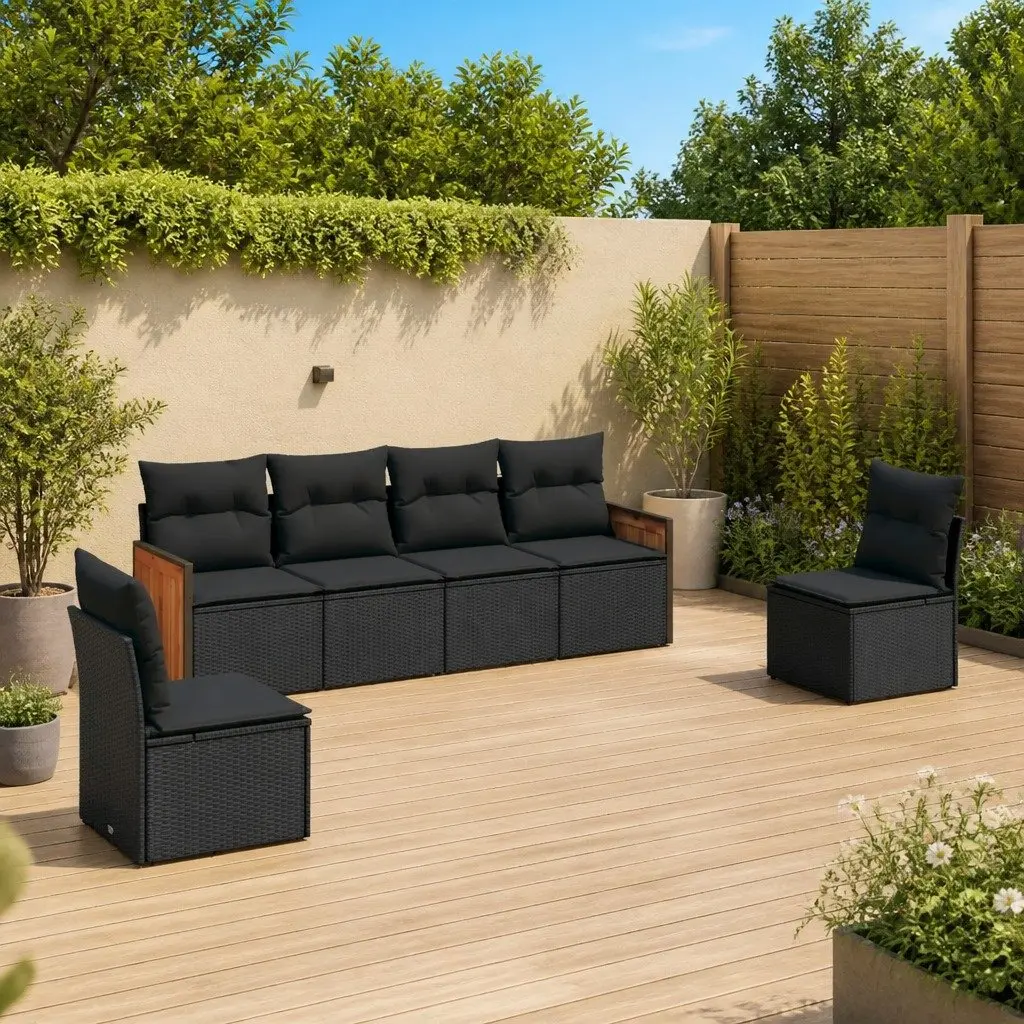 Garden Sofa Set 6 Piece Outdoor Furniture Black Poly Rattan with Cushions Patio