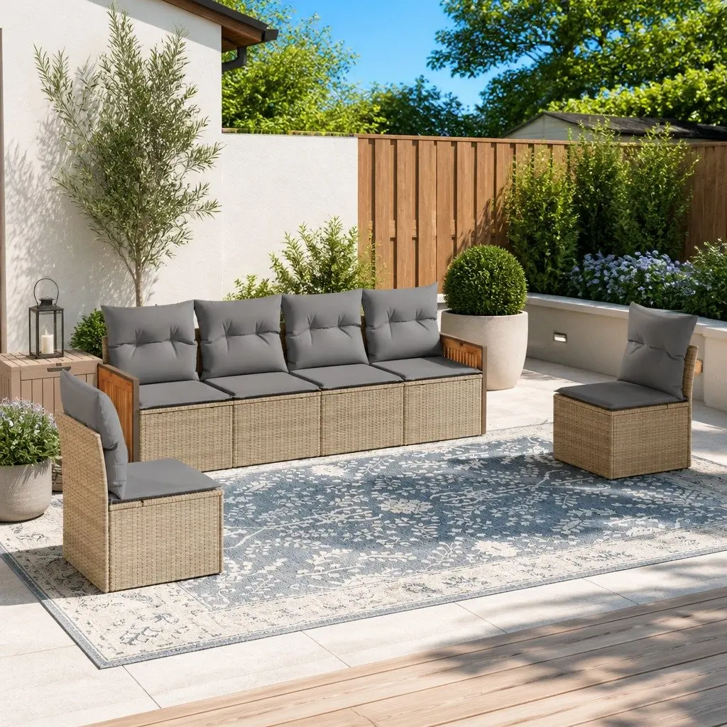 Garden Sofa Set Modular PE Rattan 6 Piece with Cushions Beige