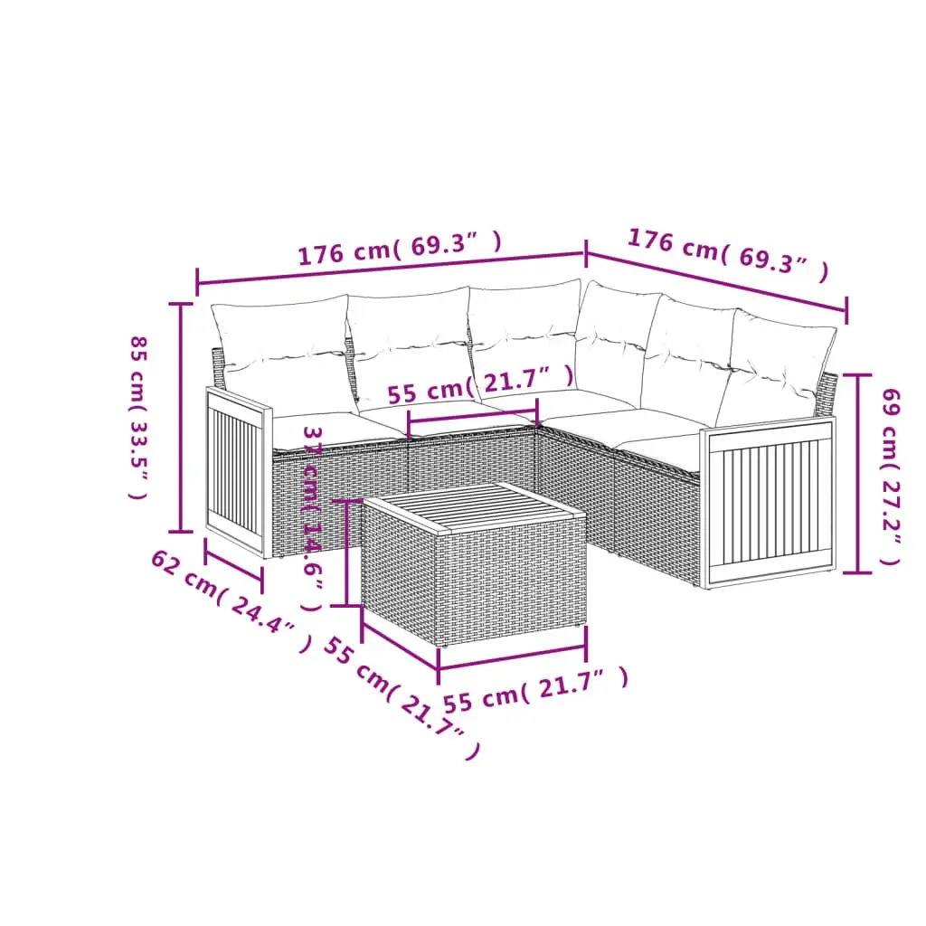 Garden Sofa Set 6 Piece Outdoor Furniture Patio Sectional with Cushions Grey