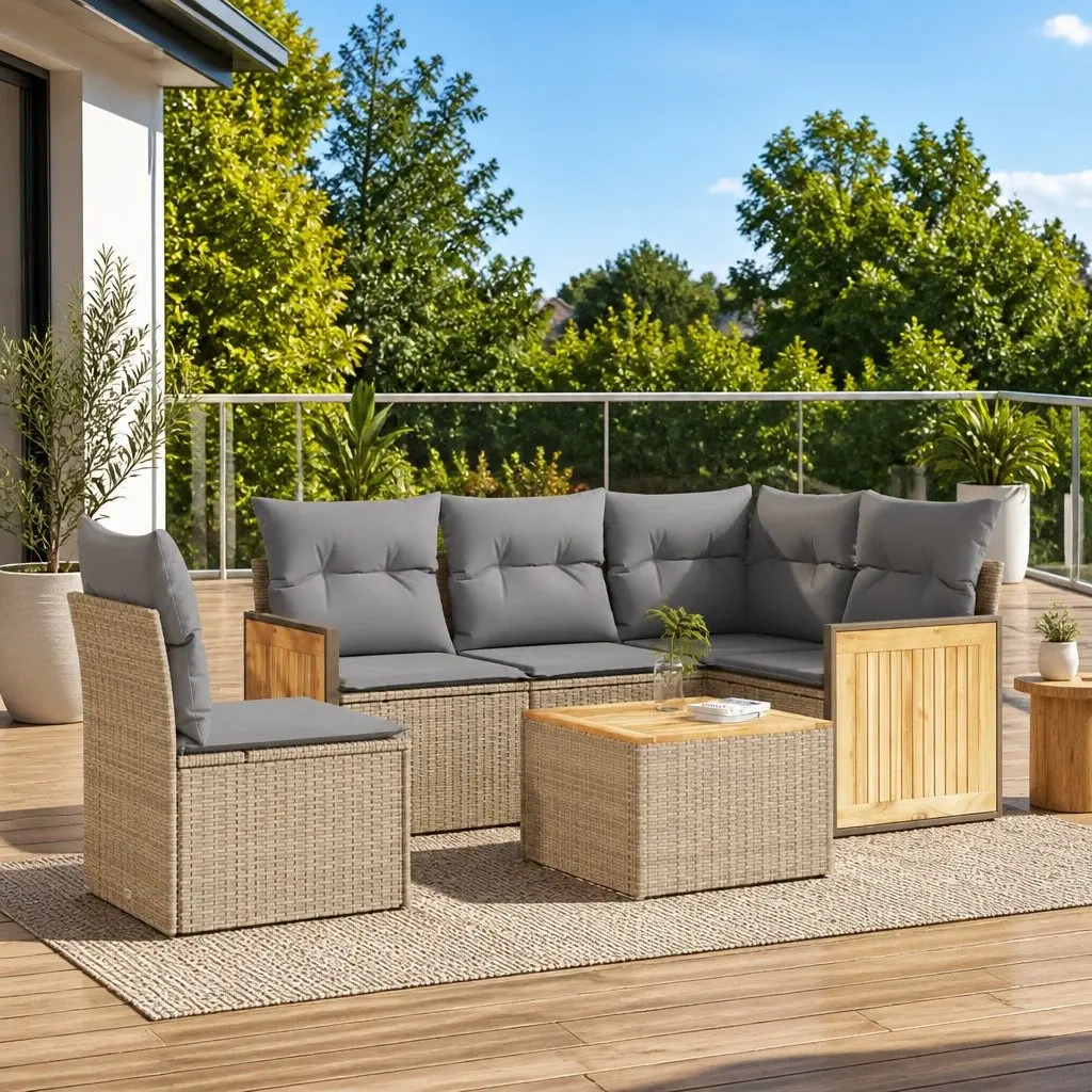 6 Piece Outdoor Garden Sofa Set with Cushions Beige Poly Rattan Patio Furniture